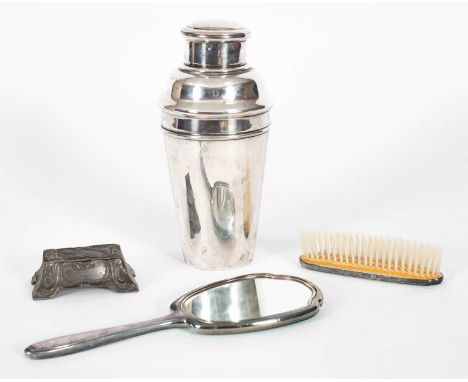 An EPNS cocktail shaker, an Adie Brothers white metal and green enamel dressing table brush and mirror and an Art Nouveau whi