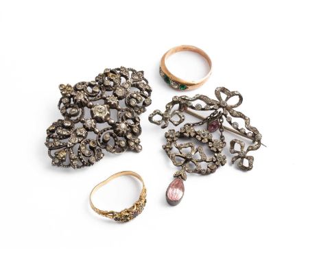 A group of 19th and 20th Century jewellery, including a Georgian yellow metal gem set ring, unmarked assessed as approximatel