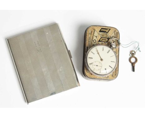 A silver cigarette case, makers mark AFG, Sheffield 1954, line engraved and initialled, 160g and a silver pocket watch (2)