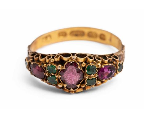 A George IV 15ct yellow gold gem set ring, set with green and pink stones, engraved band, ring size O, makers mark '*A', Birm