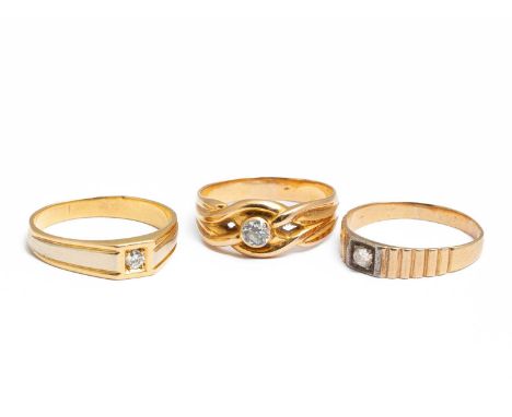 A Portuguese 19k yellow gold single stone ring, size U½, another set with an old cut diamond, ring size U and another yellow 