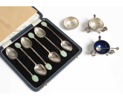 A Chinese export silver pepper pot and open salt, each circular, on dragon supports and with salt spoon and a set of six silv