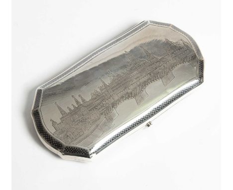 A Russian silver and niello cheroot case, 19th Century, one side engraved with a view of Moscow, the other with initials RG-V