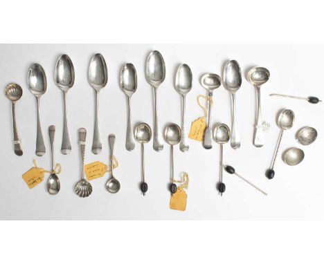 A collection of silver salt spoons, Georgian and later, silver teaspoons and silver coffee spoons with bean handles and two b