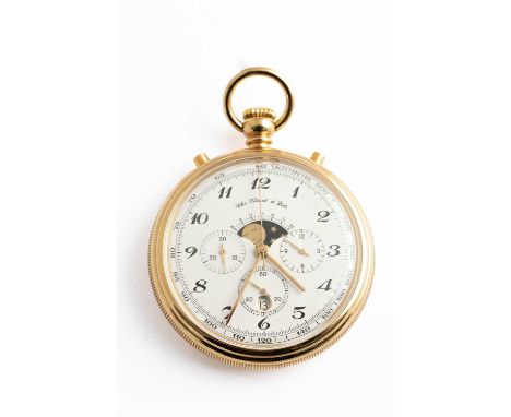 A chronograph moon phase pocket watch, CHS.Tissot &amp; Fils, gold plated with a double lid, porcelain dial and double chrono