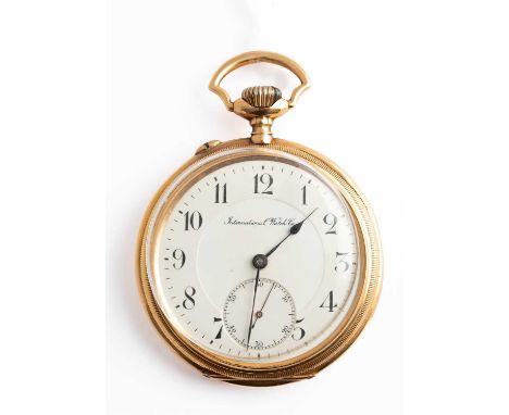 An 18k yellow gold International Watch Company open faced pocket watch, 41mm circular white enamel dial with Arabic numerals,