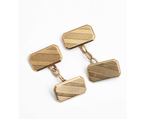 A pair of 9ct yellow gold rectangular cufflinks, Chester 1943, with engine-turned decoration