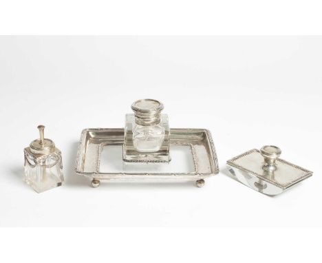 An Austro-Hungarian 800 standard silver mounted inkstand, blotter and jar, maker JB, the inkwell with hinged cover inscribed 