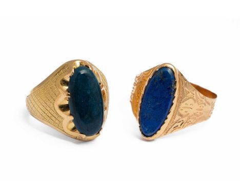 A Portuguese 19k yellow gold and lapis lazuli ring, ring size T, gross weight approximately 2.8g; together with another simil