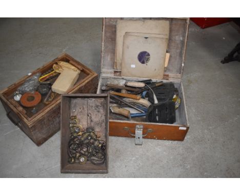A selection of vintage tools, toolbox, 78s and brass light fittings etc