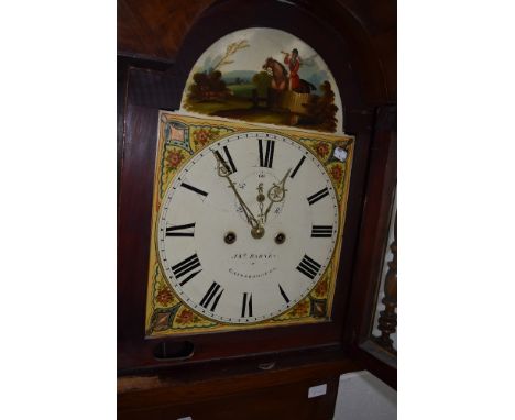 A 19th Century oak and mahogany longcase clock having 8 day movement and painted dial (hunting theme) named Jas. Barnes Gains