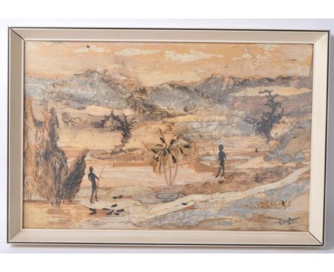 A vintage 20th century circa 1970s aboriginal mixed media picture. The picture depicting a dessert mountainous landscape with