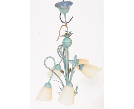 A vintage mid 20th century circa 1960s Italian toleware ceiling chandelier light. The chandelier having four opaque conical g