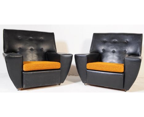 A pair of 20th Century 1960's retro vintage easy lounge&nbsp;armchairs. Each arm chair having&nbsp;squared black leather viny