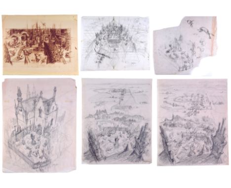 EDWARD SCISSORHANDS - Set of Hand-Illustrated Jack Johnson Castle Concept Sketches and BrownlineFive castle concept sketches 