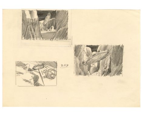 STAR WARS: THE EMPIRE STRIKES BACK (1980) - Hand-Drawn Ralph McQuarrie Asteroid Chase Thumbnail SketchesA page of thumbnail s