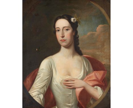 ‡ ATTRIBUTED TO ANNE FORBES HALF LENGTH PORTRAIT OF A LADY IN WHITE Feigned oval, oil on canvas(76cm x 63.5cm (30in x 25in))