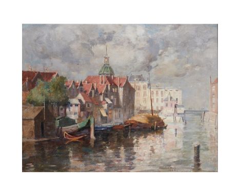 WILLIAM MARSHALL BROWN R.S.A., R.S.W (SCOTTISH 1863-1936) BARGES IN A RIVERSIDE TOWN Signed and dated 1892, oil on canvas(41c