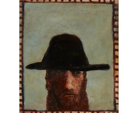 § JOHN BELLANY C.B.E., R.A. (SCOTTISH 1942-2013) SELF PORTRAIT IN A HAT Signed verso, oil on board(51cm x 46cm (20in x 18in))