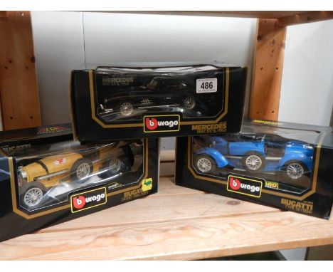 3 boxed Burago 1:188 cars, 2 Bugatti and 1 Mercedes 300SL