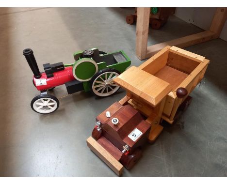 A painted wooden traction engine and varnished tipper truck (0.35ml max- from kits)