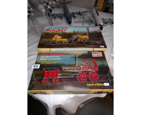 2 minicraft plastic model kits, Stephenson Rocket and 1804 Trevithick steam locomotive