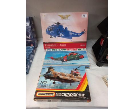 A Matchbox Chinook PK 413, Sea King 7A29, Sea King AA33410, model kits, all boxed, completeness unknown.