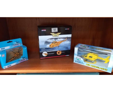 3 boxed helicopters, Corgi AA39101, Corgi CS90607, and Lincs, Notts air ambulance model