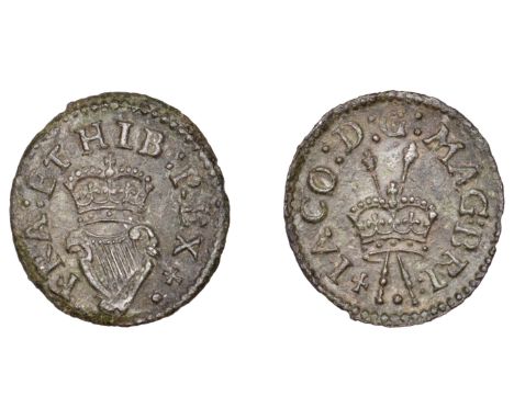 James I (1603-1625), Farthing, Lennox type 5, mm. cross pattée, seven strings on harp, 0.62g/6h (E 54b; BMC 113; Cooke 1097-8