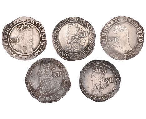 James I, First coinage, Shilling, mm. lis, second bust, 5.74g/3h (S 2646); Third coinage, Shilling, mm. trefoil, sixth bust, 