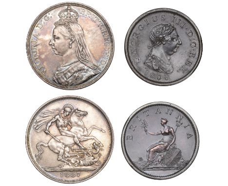 Victoria, Crown, 1887 (S 3921); together with an 1806 penny, no incuse hair curl (S 3780). First good very fine, second extre