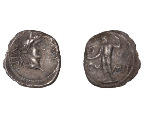 British Iron Age, ATREBATES and REGNI, Verica, silver Unit, standing man holding lituus dividing com mif, rev. laureate bust 