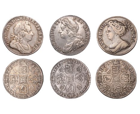 Anne, Shilling, 1712, roses and plumes (S 3617); George I, Shilling, 1723 ssc, first bust (S 3647); George II, Shilling, 1741