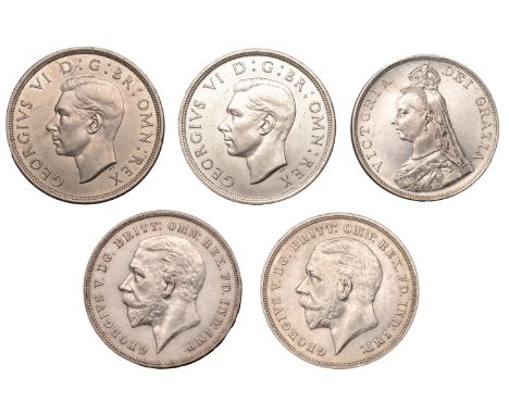 Victoria, Double Florin, 1887, Roman digit (S 3922); George V, Crowns (2), both 1935 (S 4048); George VI, Crowns (2), both 19