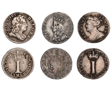 Charles II, First Milled issue, Penny, undated, mm. crown on rev. only, 0.50g/6h (S 3389); Anne, Penny, 1713/0 (S 3598); Geor