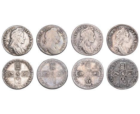 William III, Shillings (4), 1696y first bust, 1697, 1697y, 1698, all third bust (S 3502, 3510-11) [4]. Fine or nearly so £100