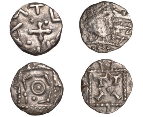 Early Anglo-Saxon Period, Sceatta, Continental series D, type 8, debased standard, rev. cross and pellets, pseudo-legend arou