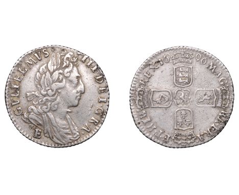 William III (1694-1702), Sixpence, 1696E, third bust, large crowns, early harp (ESC 1279; S 3537A). Near very fine, an excess