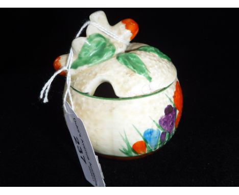 A CLARICE CLIFF CROCUS PATTERN LIDDED JAM POT