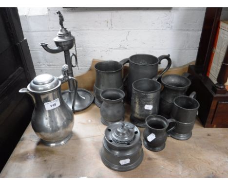 A COLLECTION OF PEWTER, to include an inkwell and 18th century tankards 