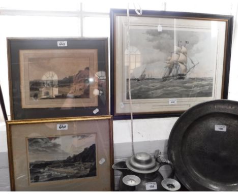 'THE SUTLEJ, EAST INDIA MAN 1200 TONS' a 19th century lithograph of a sailing ship and two views of Hartland Pier, North Devo