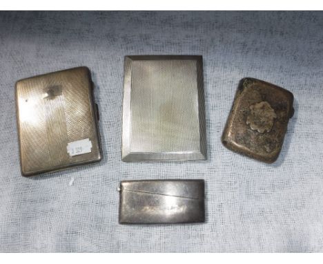 TWO ENGINE-TURNED SILVER CIGARETTE CASES, a hip-shaped silver card case and another engraved silver engraved cigarette case (