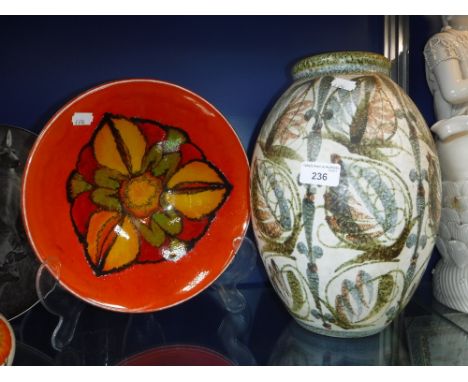 A LARGE DENBY POTTERY VASE and a Poole pottery orange glazed bowl