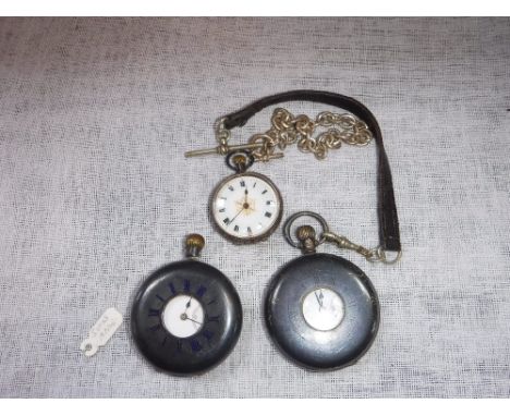 TWO SILVER-CASED HALF-HUNTER POCKET WATCHES one with blue enamel chapter ring and another silver fob watch (3)