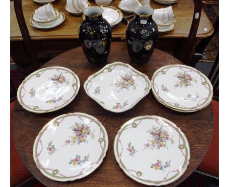 A COPELANDS PART DESSERT SERVICE, retailed by 'T Goode & Co' and a pair of Spode vases, with Royal blue decoration (one damag