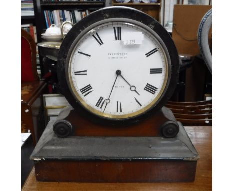 A  VICTORIAN MANTEL CLOCK in a walnut and ebonised case, the white enamel dial inscribed 'CALDERWOOD 8 Eccleston St Pimlico' 