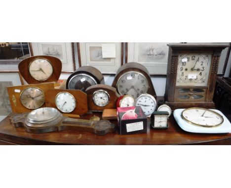 A COLLECTION OF 1950'S/60'S CLOCKS, a barometer and an Edwardian mantel clock