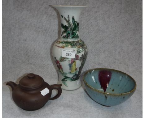 A CHINESE FAMILLE ROSE BALUSTER VASE, a teapot and similar bowl