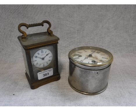 A SMALL BRASS CASED CARRIAGE CLOCK and similar drum-cased clock