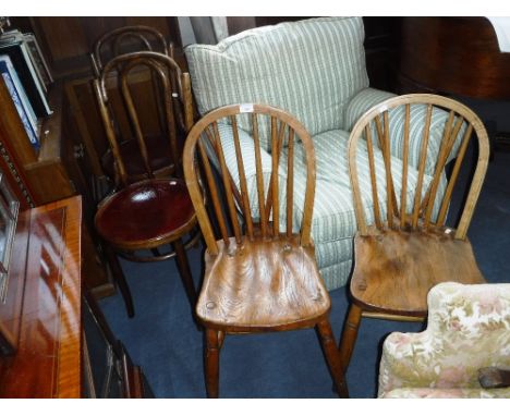 A SET OF FOUR STICK-BACK WINDSOR CHAIR  (ex army), one marked 'Ordnance Officer, Dover' to the base, and two Bentwood chairs